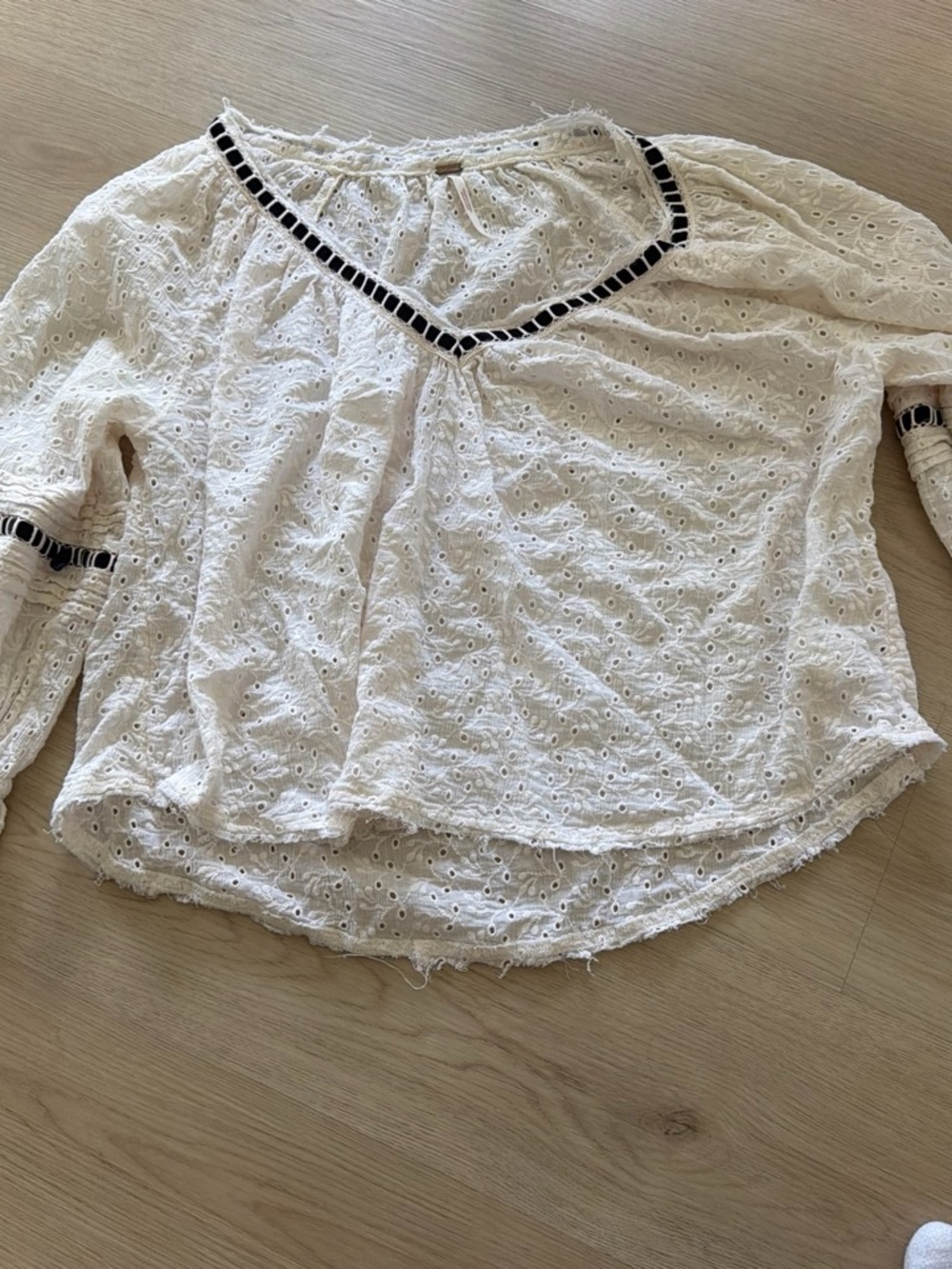 Free People White Eyelet V-Neck Blouse with Black Trim